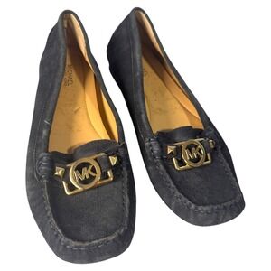 Michael Kors Hudson Suede Loafers flats womans Size 7M‎ Navy Gold MK Logo